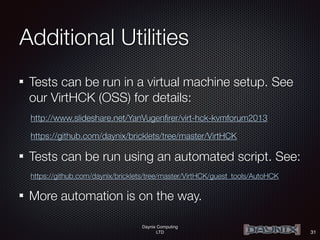 Daynix Computing
LTD
Additional Utilities
Tests can be run in a virtual machine setup. See
our VirtHCK (OSS) for details:
http://www.slideshare.net/YanVugenfirer/virt-hck-kvmforum2013
https://github.com/daynix/bricklets/tree/master/VirtHCK
Tests can be run using an automated script. See:
https://github.com/daynix/bricklets/tree/master/VirtHCK/guest_tools/AutoHCK
More automation is on the way.
31
 