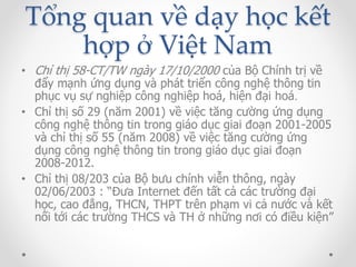 Tổng quan về dạy học kết 
hợp ở Việt Nam 
• Chỉ thị 58-CT/TW ngày 17/10/2000 của Bộ Chính trị về 
đẩy mạnh ứng dụng và phát triển công nghệ thông tin 
phục vụ sự nghiệp công nghiệp hoá, hiện đại hoá. 
• Chỉ thị số 29 (năm 2001) về việc tăng cường ứng dụng 
công nghệ thông tin trong giáo dục giai đoạn 2001-2005 
và chỉ thị số 55 (năm 2008) về việc tăng cường ứng 
dụng công nghệ thông tin trong giáo dục giai đoạn 
2008-2012. 
• Chỉ thị 08/203 của Bộ bưu chính viễn thông, ngày 
02/06/2003 : “Đưa Internet đến tất cả các trường đại 
học, cao đẳng, THCN, THPT trên phạm vi cả nước và kết 
nối tới các trường THCS và TH ở những nơi có điều kiện” 
 