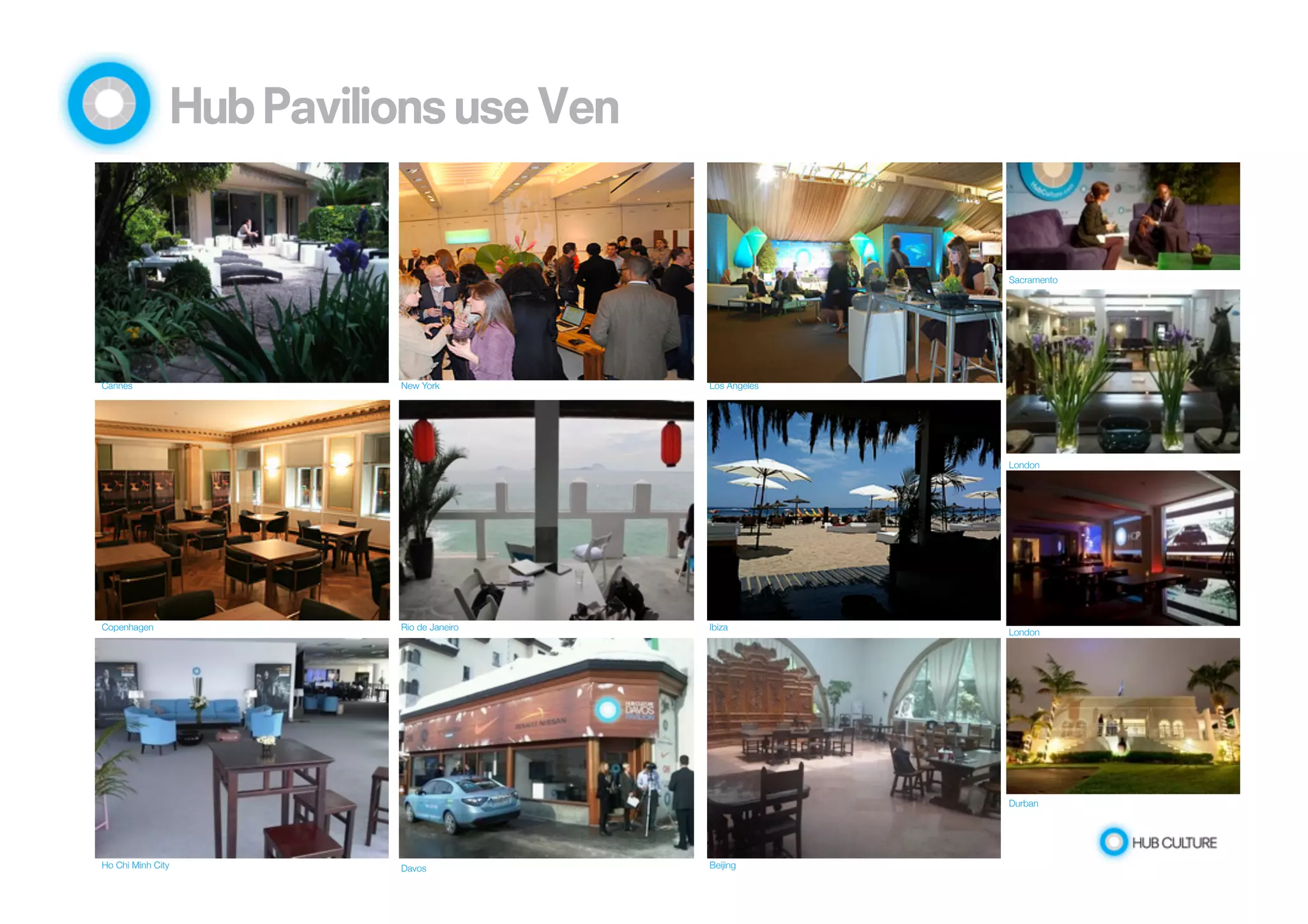 Hub Pavilions use Ven 
Cannes 
New York 
Los Angeles 
Copenhagen 
London 
Davos Ibiza 
Rio de JaneiroIbiza 
London 
Davos 
Beijing 
Durban 
Copenhagen 
Ho Chi Minh City 
Sacramento 
 