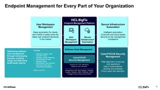 Endpoint Management for Every Part of Your Organization
10
Support for 100 operating
systems and variants
Integrations with ServiceNow, Tenable,
Qualys, Nutanix, IBM, VMWare, AWS,
Google Cloud, Azure and others
User Workspace
Management
Deep automation for clients
and mobile to easily solve the
latest user endpoint demands
in the market
Secure Infrastructure
Automation
Intelligent automation
of servers and cloud assets
Security & risk management
compliance
CyberFOCUS Security
Management
Help alignment of security
and operations
Help C-suite balance
security and business
Prove cyber risk reduction
Optimizing software
cost management
through inventorying
licenses, tracking
usage and delivering
audit-ready reports.
Provides
• Software catalog with
100,000+ titles
• Software usage reporting
• Identification of over
deployed titles
• Identification and optional
removal of risky and
unauthorized software
BigFix Inventory
 