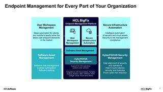 7
Endpoint Management for Every Part of Your Organization
Support for 100 operating
systems and variants
Integrations with ServiceNow, Tenable,
Qualys, Nutanix, IBM, VMWare, AWS,
Google Cloud, Azure and others
User Workspace
Management
Deep automation for clients
and mobile to easily solve the
latest user endpoint demands
in the market
Secure Infrastructure
Automation
Intelligent automation
of servers and cloud assets
Security & risk management
compliance
Software Asset
Management
Software cost management
License optimization
Software auditing
CyberFOCUS Security
Management
Help alignment of security
and operations
Help C-suite balance
security and business
Prove cyber risk reduction
 