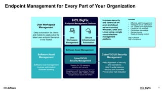 9
Support for 100 operating
systems and variants
Integrations with ServiceNow, Tenable,
Qualys, Nutanix, IBM, VMWare, AWS,
Google Cloud, Azure and others
User Workspace
Management
Deep automation for clients
and mobile to easily solve the
latest user endpoint demands
in the market
Software Asset
Management
Software cost management
License optimization
Software auditing
CyberFOCUS Security
Management
Help alignment of security
and operations
Help C-suite balance
security and business
Prove cyber risk reduction
Endpoint Management for Every Part of Your Organization
Provides
• Effective patch management
• Intelligent server automation
• OS updates and deployment
• CyberFOCUS Analytics
• Continuous compliance
• Remote control
• Ready-to-deploy content
BigFix Lifecycle
BigFix Compliance
Improves security
and control of on-
prem and cloud
servers running
Windows, UNIX and
Linux using a single
comprehensive
management
platform.
 