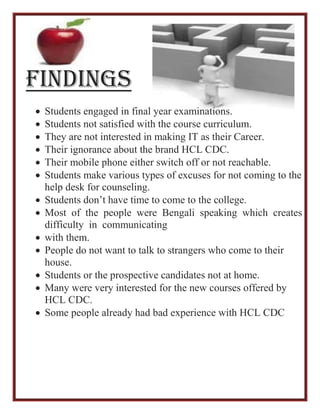 Findings
 Students engaged in final year examinations.
 Students not satisfied with the course curriculum.
 They are not interested in making IT as their Career.
 Their ignorance about the brand HCL CDC.
 Their mobile phone either switch off or not reachable.
 Students make various types of excuses for not coming to the
help desk for counseling.
 Students don’t have time to come to the college.
 Most of the people were Bengali speaking which creates
difficulty in communicating
 with them.
 People do not want to talk to strangers who come to their
house.
 Students or the prospective candidates not at home.
 Many were very interested for the new courses offered by
HCL CDC.
 Some people already had bad experience with HCL CDC
 