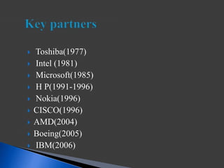  Toshiba(1977)
 Intel (1981)
 Microsoft(1985)
 H P(1991-1996)
 Nokia(1996)
 CISCO(1996)
 AMD(2004)
 Boeing(2005)
 IBM(2006)
 