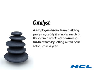 Catalyst
A employee driven team building
program, catalyst enables much of
the desired work-life balance for
his/her team ...