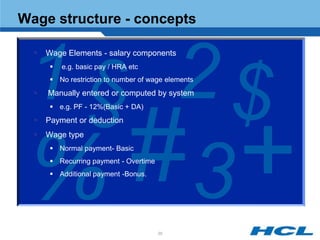 Wage structure - concepts




 1 § 2$
     Wage Elements - salary components
          e.g. basic pay / HRA etc
        No restriction to number of wage elements
     Manually entered or computed by system
        e.g. PF - 12%(Basic + DA)
     Payment or deduction
     Wage type




 % 3
        Normal payment- Basic
        Recurring payment - Overtime
        Additional payment -Bonus.




                                        20
 