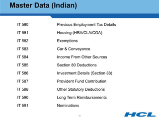 Master Data (Indian)

  IT 580      Previous Employment Tax Details

  IT 581      Housing (HRA/CLA/COA)

  IT 582      Exemptions

  IT 583      Car & Conveyance

  IT 584      Income From Other Sources

  IT 585      Section 80 Deductions

  IT 586      Investment Details (Section 88)

  IT 587      Provident Fund Contribution

  IT 588      Other Statutory Deductions

  IT 590      Long Term Reimbursements

  IT 591      Nominations

                           44
 