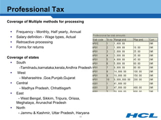 Professional Tax
Coverage of Multiple methods for processing

    Frequency - Monthly, Half yearly, Annual
    Salary definition - Wage types, Actual
    Retroactive processing
    Forms for returns

Coverage of states
  South
       -Tamilnadu,karnataka,kerala,Andhra Pradesh
    West
       - Maharashtra ,Goa,Punjab,Gujarat
  Central
       - Madhya Pradesh, Chhattisgarh
  East
      - West Bengal, Sikkim, Tripura, Orissa,
     Meghalaya, Arunachal Pradesh
  North
      - Jammu & Kashmir, Uttar Pradesh, Haryana
                                            56
 