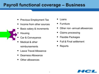 Payroll functional coverage – Business


       Previous Employment Tax          Loans
       Income from other sources        Furniture
       Basic salary & increments        Other non -annual allowances
       Housing                          Claims processing
       Car & Conveyance                 Flexible Packages
       Medical & other                  Full & Final settlement
        reimbursements                   Reports
       Leave Travel Allowance
       Dearness Allowance
       Other allowances


                                    8
 