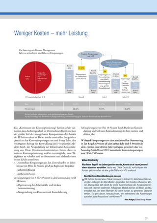Weniger Kosten – mehr Leistung

    Co-Sourcing mit Remote Management
    führt zu schnelleren und höheren Einsparungen.                                  Typische Einsparungen
                                                                                            von HCL


                                                                                                                      Typische Einsparungen
                                                                                                                       aus herkömmlichem
                                                                 Betrieb                                                   Outsourcing
                                                                 40%             12-16%
                                                                                                   Betrieb          3%
                          Budget für                                                              24-28%
                          Technologie                                         Einsparungen                   Einsparungen aus     Betrieb
                                                                 Tech-                                                                        6%
          Andere          und                                   nologie      aus Lohnniveau-                 Personaloptimie-    21-25%                 Betrieb
           50%            Infrastruktur                                       unterschieden                     rung (durch              Einsparungen 21-25%
                          50%                                     50%                              Tech-                                      aus
                                                                                                             Automatisierung/     Tech-
                                                                                                  nologie                        nologie                 Tech-
                                                                                                             Prozessneugestal-            Hardware-
                                                                                                    50%                                   Konsolidie-   nologie
                                                                                                               tung, globale      50%
                                                                                                             Konsolidierung)                 rung,       44%
                                                                 Andere                            Andere                         Andere   Software-    Andere
                                                                 10%                               10%                            10%    Lizenzen, usw.  10%

           IT-Gesamtbudget Jahr 2/ 3                                             Aktuell                          Jahr 1                        Jahr 2/3


          Basis                            100                             84-88%                            81-85%                               75-79%

          Einsparungen                                                     12-16%                            15-19%                               21-25%

          Betrieb beinhaltet infrastruktur- und applikationsbezogenen Betrieb.
          Auf der Grundlage von Annahmen zu Budgetaufteilung, Automatisierungsgrad, Industrie-Benchmarks für Betriebskosten.




Das „Kontinuum der Kostenoptimierung“ beruht auf der An-                            3.	Einsparungen von 6 bis 10 Prozent durch Hardware-Konsoli-
nahme, dass das Kerngeschäft im Unternehmen bleibt und dass                            dierung und Software-Rationalisierung ab dem zweiten und
der größte Teil der auslagerbaren Komponenten der Betrieb                              dritten Jahr.
der IT-Infrastruktur ist. Dieser macht unmittelbar den größten
Anteil an den Kosteneinsparungen aus und leistet daher den                          Während	Einsparungen	aus	dem	traditionellen	Outsourcing	
wichtigsten Beitrag zur Entwicklung eines veränderten Mo-                           in	der	Regel	3	Prozent	ab	dem	ersten	Jahr	und	6	Prozent	ab	
dells durch die Neugestaltung der Infrastruktur, Konsolidie-                        dem	 zweiten	 und	 dritten	 Jahr	 betragen,	 generiert	 das	 Co-
rung usw. Diese Transformationsinitiativen führen dann zu                           Sourcing-Modell	von	HCL	kumulierte	Kosteneinsparungen	
weiterer Kostenoptimierung, welche es ermöglicht, neue Tä-                          von	21	bis	25	Prozent.
tigkeiten zu schaffen und zu finanzieren und dadurch einen
neuen Zyklus auszulösen.                                                             Value Centricity
1.	Unmittelbare Einsparungen aus den Unterschieden im Lohn-
                                                                                     Als dieser Begriff ins Leben gerufen wurde, konnte sich kaum jemand
   niveau von 30 bis 40 Prozent gleich zu Beginn des Projektes:
                                                                                     etwas darunter vorstellen. Heute wird „Value Centricity“ von Analysten wie
   • erhöhte Effizienz                                                               Kunden gleichermaßen als eine große Stärke von HCL anerkannt.
   • verbesserte SLAs
2.	Einsparungen von 3 bis 5 Prozent in den kommenden zwölf
   Monaten:	
                                                                                     „     Den Wert von Dienstleistungen messen
                                                                                           HCL hat das Konzept eines ‘Value Framewor k’ definiert. Es liefert einen Rahmen,
                                                                                           um die Leistungen des Dienstleisters gegenüber dem Kunden erfassen zu kön-
   • Optimierung der Arbeitskräfte und stärkere                                            nen. Ebenso lässt sich damit der grobe Zusammenhang des Kundenunterneh-
     Automatisierung                                                                       mens mit Externen bestimmen. Anhand des Modells können die Ideen, die HCL
                                                                                           entwickelt hat, um einen Mehrwert für seine Kunden zu generieren, überprüft
	 •	Neugestaltung von Prozessen und Konsolidierung
                                                                                           werden. Es geht darum, herauszufinden, wie weitreichend die Auswirkungen
                                                                                           spezieller ,Value Propositions’ sein können.
                                                                                                                                            “     Alan Rodger, Butler Group Review




                                                                                                                                                                         5
 
