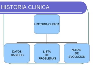 HISTORIA CLINICA
HISTORIA CLINICA
DATOS
BASICOS
LISTA
DE
PROBLEMAS
NOTAS
DE
EVOLUCION
 