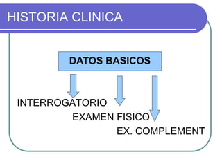 HISTORIA CLINICA
DATOS BASICOS
INTERROGATORIO
EXAMEN FISICO
EX. COMPLEMENT
DATOS BASICOS
 