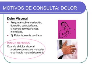 MOTIVOS DE CONSULTA: DOLOR
Dolor Visceral
 Preguntar sobre irradiación,
duración, característica,
síntomas acompañantes,
intensidad.
 Ej. Dolor isquemia cardiaca
DOLOR REFERIDO
Cuando el dolor visceral
produce contractura muscular
o se irradia metaméricamente
 