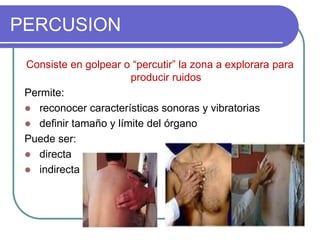 PERCUSION
Consiste en golpear o “percutir” la zona a explorara para
producir ruidos
Permite:
 reconocer características sonoras y vibratorias
 definir tamaño y límite del órgano
Puede ser:
 directa
 indirecta
 