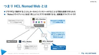 Copyright © 2021 HCL Technologies Limited | www.hcltechsw.com 11
つまり HCL Nomad Web とは
 ブラウザ上で動作することも、
ローカルにインストールすることも可能な技術で作られた
 「Notesクライアントと(ほぼ) 同じようにアプリを利用できる」
超軽量クライアントです
Notes/Domino アプリ
(データベース)
PC
PC
Webブラウザ
全機能が利用できる
高機能クライアント
Webブラウザ
アプリ改修
従来のWebアクセスでは
アプリの改修が必要
Nomadからの利用では
アプリ改修は不要
Notesクライアントと
同じように利用できる
(Domino サーバーは
対Notesと同じ動作)
ブラウザ上で動作する
超軽量クライアント
 