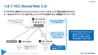 Copyright © 2021 HCL Technologies Limited | www.hcltechsw.com 12
つまり HCL Nomad Web とは
 ブラウザ上で動作することも、
ローカルにインストールすることも可能な技術で作られた
 「Notesクライアントと(ほぼ) 同じようにアプリを利用できる」
超軽量クライアントです
Notes/Domino アプリ
(データベース)
PC
PC
Webブラウザ
全機能が利用できる
高機能クライアント
Webブラウザ
アプリ改修
従来のWebアクセスでは
アプリの改修が必要
Nomadからの利用では
アプリ改修は不要
Notesクライアントと
同じように利用できる
(Domino サーバーは
対Notesと同じ動作)
ブラウザ上で動作する
超軽量クライアント
ブラウザ上のクライアントが
Notes クライアントと
同じように動くための
「ある仕掛け」
があります
 