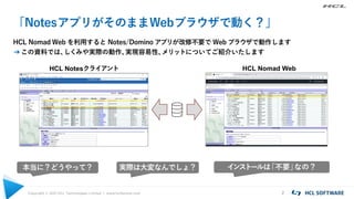 Copyright © 2021 HCL Technologies Limited | www.hcltechsw.com 2
HCL Notesクライアント
「NotesアプリがそのままWebブラウザで動く？」
HCL Nomad Web を利用すると Notes/Domino アプリが改修不要で Web ブラウザで動作します
➔この資料では、
しくみや実際の動作、
実現容易性、
メリットについてご紹介いたします
本当に？どうやって？ 実際は大変なんでしょ？ インストールは
「不要」
なの？
HCL Nomad Web
 