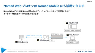 Copyright © 2021 HCL Technologies Limited | www.hcltechsw.com 21
Nomad Web プロキシは Nomad Mobile にも活用できます
Nomad Webプロキシは Nomad Mobile のゲートウェイサーバーとしても活用できます
ネットワーク経路をポート443に集約できます
iPhone / iPad / Android
PC / Macブラウザ
プロキシ
Notes プロトコル (1352)
HTTPS/WSS (443)
 