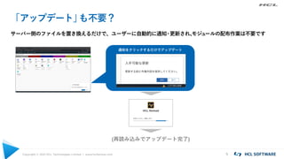 Copyright © 2021 HCL Technologies Limited | www.hcltechsw.com 5
「アップデート」
も不要？
サーバー側のファイルを置き換えるだけで、ユーザーに自動的に通知
・
更新され、
モジ
ュ
ールの配布作業は不要です
通知をクリックするだけでアップデート
(再読み込みでアップデート完了)
 