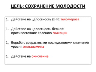 ЦЕЛЬ: СОХРАНЕНИЕ МОЛОДОСТИ
1. Действие на целостность ДНК: теломераза
1. Действие на целостность белков:
противостояние явлению гликации
1. Борьба с возрастными последствиями снижения
уровня эпиталамина
1. Действие на окисление
 
