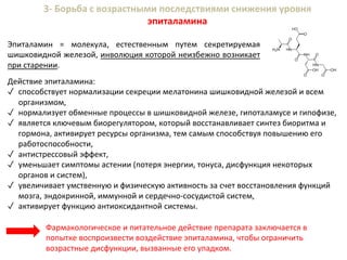 3- Борьба с возрастными последствиями снижения уровня
эпиталамина
Эпиталамин = молекула, естественным путем секретируемая
шишковидной железой, инволюция которой неизбежно возникает
при старении.
Действие эпиталамина:
✓ способствует нормализации секреции мелатонина шишковидной железой и всем
организмом,
✓ нормализует обменные процессы в шишковидной железе, гипоталамусе и гипофизе,
✓ является ключевым биорегулятором, который восстанавливает синтез биоритма и
гормона, активирует ресурсы организма, тем самым способствуя повышению его
работоспособности,
✓ антистрессовый эффект,
✓ уменьшает симптомы астении (потеря энергии, тонуса, дисфункция некоторых
органов и систем),
✓ увеличивает умственную и физическую активность за счет восстановления функций
мозга, эндокринной, иммунной и сердечно-сосудистой систем,
✓ активирует функцию антиоксидантной системы.
Фармакологическое и питательное действие препарата заключается в
попытке воспроизвести воздействие эпиталамина, чтобы ограничить
возрастные дисфункции, вызванные его упадком.
 