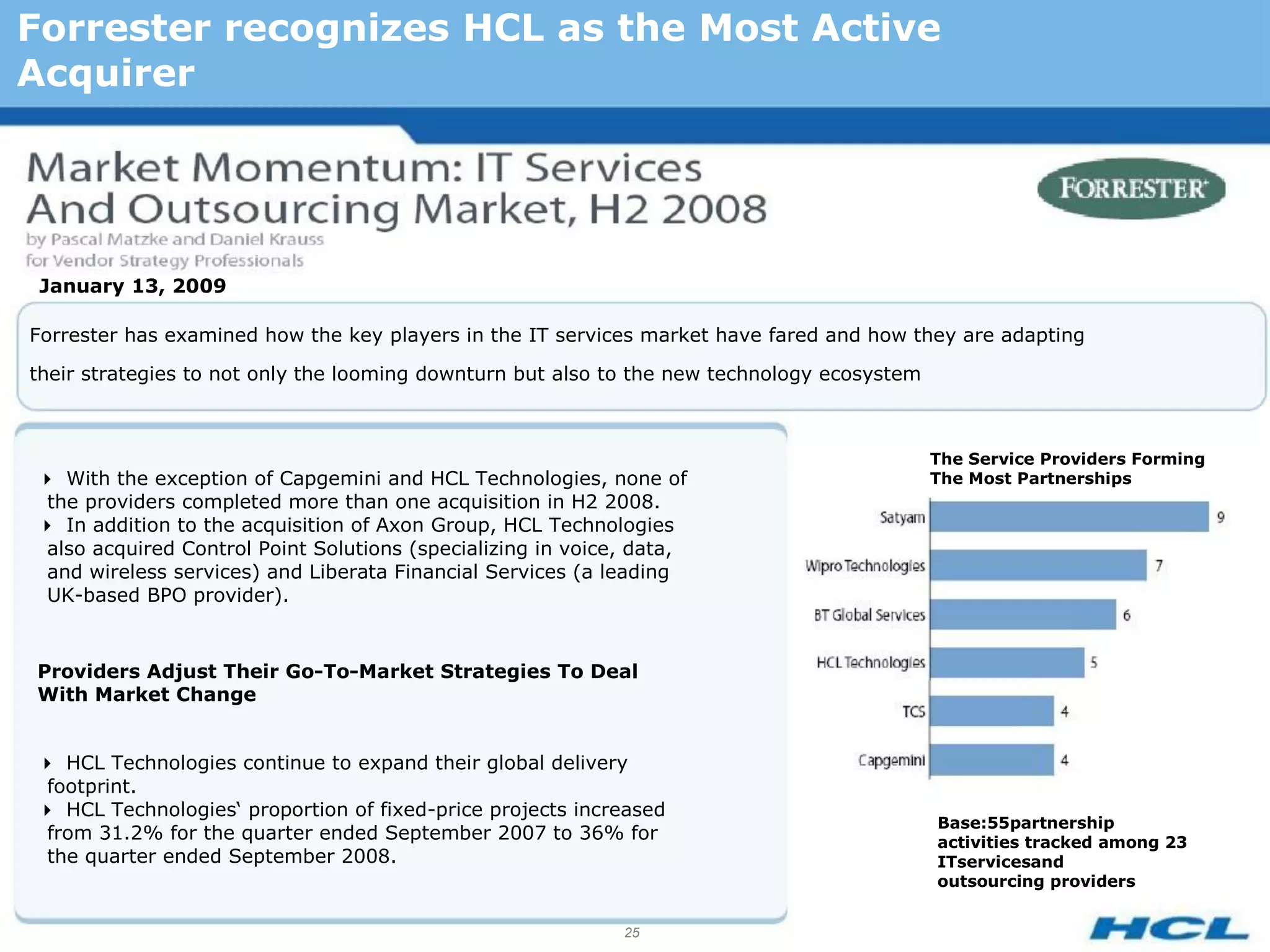 Forrester recognizes HCL as the Most Active
Acquirer




 January 13, 2009

Forrester has examined how the key players in the IT services market have fared and how they are adapting

their strategies to not only the looming downturn but also to the new technology ecosystem



                                                                                             The Service Providers Forming
With the exception of Capgemini and HCL Technologies, none of                              The Most Partnerships
 the providers completed more than one acquisition in H2 2008.
In addition to the acquisition of Axon Group, HCL Technologies
 also acquired Control Point Solutions (specializing in voice, data,
 and wireless services) and Liberata Financial Services (a leading
 UK-based BPO provider).


Providers Adjust Their Go-To-Market Strategies To Deal
With Market Change


HCL Technologies continue to expand their global delivery
 footprint.
HCL Technologies‘ proportion of fixed-price projects increased
                                                                                             Base:55partnership
 from 31.2% for the quarter ended September 2007 to 36% for                                  activities tracked among 23
 the quarter ended September 2008.                                                           ITservicesand
                                                                                             outsourcing providers


                                                             25
 