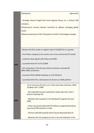Distribution                                                     Agreement


       - Strategic alliance forged with Jones Apparel Group, Inc. a fortune 500
       company.
       Infrastructure services division launched to address emerging global
       needs.
       Software businesses of HCL Infosystems and HCL Technologies merged.




       - Became the first vendor to register sales of 50,000 PCs in a quarter

       - First Indian company to be numero uno in the commercial PC market

       - Landmark deals signed with Airbus and AMD.

       - Launched Home PC for Rs 19,999
2003
       - HCL Infosystems' Info Structure Services Division received ISO
       9001:2000 certification

       - Launches Infiniti Mobile Desktops on Intel Platform

       - Launched Infiniti PCs, Workstations & Servers on AMD platform

          -     1st to announce PC price cut in India, post duty reduction, offers
                Ezeebee at Rs. 17990

                - IDC India-DQ Customer Satisfaction Audit rates HCL as No.1
                Brand in Desktop PCs

                - Maintains No.1 position in the Desktop PC segment for year
2004            2003

                - Enters into partnership with Port Wise to support & distribute
                security & VPN solutions in India

                - Partners with Microsoft & Intel to launch Beanstalk Neo PC

                - Becomes the 1st company to cross 1 lac unit milestone in the


                                         20
 