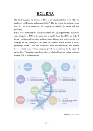 HCL DNA
The TIME magazine has referred to HCL as an "intellectual clean room where its
employees could imagine endless possibilities". The fact is, over the last thirty years
that HCL has been operational; the company has stood by its values and core
philosophy.
Fueled by the entrepreneurial zeal of its founders, HCL developed the first indigenous
micro-computer in 1978, at the same time as Apple. Since then, HCL has had a 3
decade rich history of inventions and innovations. Entrepreneur is the term that best
describes the HCL employees. Ever since HCL entered into an alliance in 1970s,
partnerships and HCL have been inseparable. Bonds have been forged with partners
to co - create value. Strong inorganic growth is a testimony to the spirit of
partnerships. This entrepreneurial and win-win relationship driven culture continues
to guide HCL in all its endeavors.




                                                                   source: www.hcl.in



                                          31
 