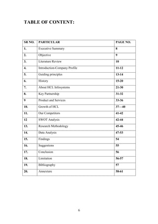 TABLE OF CONTENT:



SR NO.   PARTICULAR                         PAGE NO.

1.       Executive Summary                  8

2.       Objective                          9

3.       Literature Review                  10

4.       Introduction-Company Profile       11-12

5.       Guiding principles                 13-14

6.       History                            15-20

7.       About HCL Infosystems              21-30

8.       Key Partnership                    31-32

9        Product and Services               33-36

10.      Growth of HCL                      37—40

11.      Our Competitors                    41-42

12       SWOT Analysis                      42-44

13.      Research Methodology               45-46

14.      Data Analysis                      47-53

15.      Findings                           54

16.      Suggestions                        55

17.      Conclusion                         56

18.      Limitation                         56-57

19.      Bibliography                       57

20.      Annexture                          58-61




                                        6
 