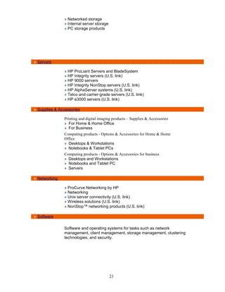 » Networked storage
               » Internal server storage
               » PC storage products




» Servers

               » HP ProLiant Servers and BladeSystem
               » HP Integrity servers (U.S. link)
               » HP 9000 servers
               » HP Integrity NonStop servers (U.S. link)
               » HP AlphaServer systems (U.S. link)
               » Telco and carrier-grade servers (U.S. link)
               » HP e3000 servers (U.S. link)

» Supplies & Accessories

               Printing and digital imaging products – Supplies & Accessories
               » For Home & Home Office
               » For Business
               Computing products - Options & Accessories for Home & Home
               Office
               » Desktops & Workstations
               » Notebooks & Tablet PCs
               Computing products - Options & Accessories for business
               » Desktops and Workstations
               » Notebooks and Tablet PC
               » Servers

» Networking

               » ProCurve Networking by HP
               » Networking
               » Unix server connectivity (U.S. link)
               » Wireless solutions (U.S. link)
               » NonStop™ networking products (U.S. link)

» Software

               Software and operating systems for tasks such as network
               management, client management, storage management, clustering
               technologies, and security.




                                           21
 