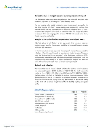 HCL Technologies | 4Q FY2010 Result Update




                 Revised hedges to mitigate adverse currency movement impact

                 The old hedges (taken more than two years ago) are tailing off, which will take
                 another 1–2 quarters by recording US $15mn of hedge losses.

                 The new hedging policy would, henceforth, cover the company’s revenue for the
                 next three months. HCL Tech’s hedge position now stands at US $362mn. The
                 average booked rate has improved with US $95mn of hedges at Rs47.37. Thus,
                 we believe the company’s forex losses as witnessed in the past couple of quarters
                 on account of the old hedging policy at lower INR-USD rate would come down,
                 thereby improving profitability.

                 Margins to be maintained through various operational levers

                 HCL Tech plans to add freshers at an appropriate time whenever required.
                 Another margin lever for the company would be its increased focus on campus
                 hiring and SEZ operations.

                 In the infrastructure services segment, the company’s margin has expanded to
                 18% from 10%, with growth in scale of operations in the last six years. The same
                 could be demonstrated in the company’s other businesses, mainly the BPO,
                 through timely investments in the right areas and business propositions. Thus, the
                 company’s long-term strategy is to remain constant on margins and then use
                 some of these margin levers to make up for any exchange impact.

                 Outlook and valuation

                 We expect HCL Tech to record a 20.3% CAGR in the top line, while the bottom
                 line is expected to post a 24.7% CAGR over FY2010–12E. The stock is currently
                 trading at 17.1x FY2011E EPS of Rs24.1 and 14.1x on its FY2012E EPS of Rs29.3.
                 We have valued HCL Tech at 15x FY2012E earnings (historical average of 14.5x
                 during FY2005–10) and at 27% discount to our Infosys target P/E multiple of 21x
                 (historical discount of 27% during 2005–10). We maintain an Accumulate rating
                 on the stock with a revised Target Price of Rs440 (Rs420), implying an upside
                 of 7%.



                 Exhibit 4: Key assumptions
                                                                          FY2011E       FY2012E
                 Volume Growth - IT services (%)                              14.8          13.6
                 Pricing Growth - IT services (%)                              0.0           0.2
                 Revenue Growth - US $ terms (%)                              19.5          19.6
                 USD-INR Rate (realised)                                      46.5            47
                 Revenue Growth - INR terms (%)                               19.6          20.9
                 EBITDA Margin (%)                                            18.5          18.0
                 Tax Rate (%)                                                 22.0          24.0
                 EPS Growth (%)                                               27.8          21.6
                 Source: Company, Angel Research




August 5, 2010                                                                                     5
 