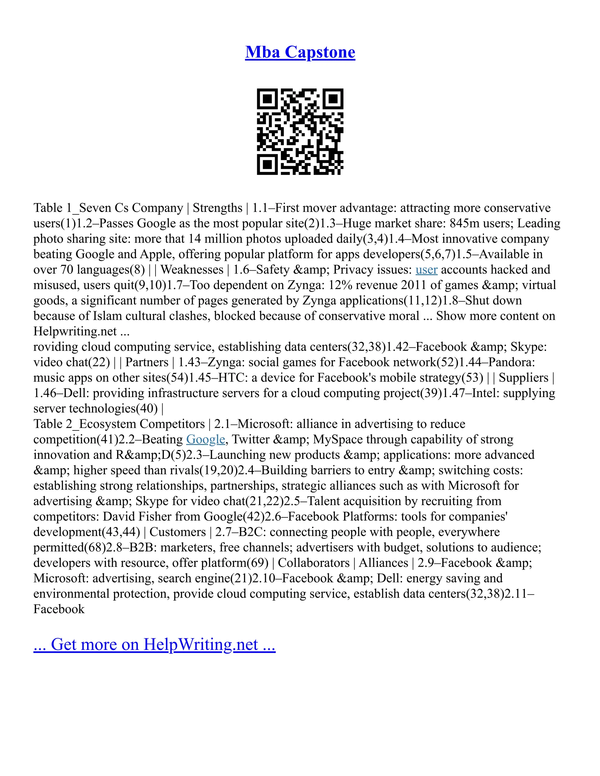 Mba Capstone
Table 1_Seven Cs Company | Strengths | 1.1–First mover advantage: attracting more conservative
users(1)1.2–Passes Google as the most popular site(2)1.3–Huge market share: 845m users; Leading
photo sharing site: more that 14 million photos uploaded daily(3,4)1.4–Most innovative company
beating Google and Apple, offering popular platform for apps developers(5,6,7)1.5–Available in
over 70 languages(8) | | Weaknesses | 1.6–Safety &amp; Privacy issues: user accounts hacked and
misused, users quit(9,10)1.7–Too dependent on Zynga: 12% revenue 2011 of games &amp; virtual
goods, a significant number of pages generated by Zynga applications(11,12)1.8–Shut down
because of Islam cultural clashes, blocked because of conservative moral ... Show more content on
Helpwriting.net ...
roviding cloud computing service, establishing data centers(32,38)1.42–Facebook &amp; Skype:
video chat(22) | | Partners | 1.43–Zynga: social games for Facebook network(52)1.44–Pandora:
music apps on other sites(54)1.45–HTC: a device for Facebook's mobile strategy(53) | | Suppliers |
1.46–Dell: providing infrastructure servers for a cloud computing project(39)1.47–Intel: supplying
server technologies(40) |
Table 2_Ecosystem Competitors | 2.1–Microsoft: alliance in advertising to reduce
competition(41)2.2–Beating Google, Twitter &amp; MySpace through capability of strong
innovation and R&amp;D(5)2.3–Launching new products &amp; applications: more advanced
&amp; higher speed than rivals(19,20)2.4–Building barriers to entry &amp; switching costs:
establishing strong relationships, partnerships, strategic alliances such as with Microsoft for
advertising &amp; Skype for video chat(21,22)2.5–Talent acquisition by recruiting from
competitors: David Fisher from Google(42)2.6–Facebook Platforms: tools for companies'
development(43,44) | Customers | 2.7–B2C: connecting people with people, everywhere
permitted(68)2.8–B2B: marketers, free channels; advertisers with budget, solutions to audience;
developers with resource, offer platform(69) | Collaborators | Alliances | 2.9–Facebook &amp;
Microsoft: advertising, search engine(21)2.10–Facebook &amp; Dell: energy saving and
environmental protection, provide cloud computing service, establish data centers(32,38)2.11–
Facebook
... Get more on HelpWriting.net ...
 