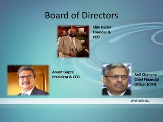 Board of Directors
Shiv Nadar
Founder &
CEO
Anant Gupta
President & CEO
Anil Chanana
Chief Financial
Officer (CFO)
 