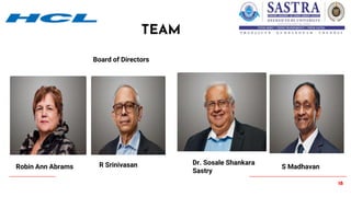 18
TEAM
Board of Directors
Robin Ann Abrams R Srinivasan Dr. Sosale Shankara
Sastry
S Madhavan
 