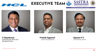21
C Vijayakumar
EXECUTIVE TEAM
C Vijayakumar Prateek Aggarwal Apparao V V
Chief Executive Officer and Chief Financial Officer Chief Delivery Officer
Managing Director
 