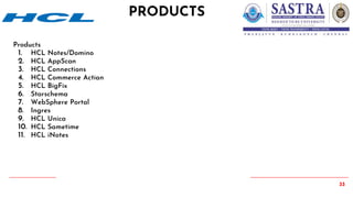 33
Products
1. HCL Notes/Domino
2. HCL AppScan
3. HCL Connections
4. HCL Commerce Actian
5. HCL BigFix
6. Starschema
7. WebSphere Portal
8. Ingres
9. HCL Unica
10. HCL Sametime
11. HCL iNotes
PRODUCTS
 