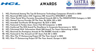 36
1. HCL Positioned Among The Top 25 Enterprise Technology Companies (Fintech) in 2010
2. HCL Received IDG India’s CIO ‘Ingenious 100’ Award For ENSUREIT in 2010
3. HCL Value Portal Wins Forrester Groundswell Awards 2011 In The INNOVATION Category in 2011
4. HCL Named ‘Service Provider Of The Year’ By NOA, UK in 2011
5. HCL Awarded ‘Certificate Of Recognition’ By ICSI in 2012
6. HCL Featured In Forbes Asia’s ‘Asia’s Fab 50 Companies’ in 2012
7. HCL Conferred The ICSI Award For Excellence In Corporate Governance in 2013
8. HCL Felicitated With ‘Information Week 500 Award’ For Smart Networking in 2013
9. HCL Received Six Prestigious Awards At The RASBIC Awards in 2014
10. HCL Featured In The Annual List Of ‘Asia’s Fab 50’ in 2014
11. HCL Won The ‘IT Outsourcing Project Of The Year Award’ in 2015
12. HCL Won ‘IT Outsourcing Project Of The Year Award’, Europe in 2015
AWARDS
 