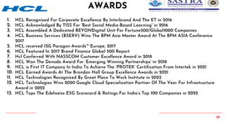 37
1. HCL Recognized For Corporate Excellence By Interbrand And The ET in 2016
2. HCL Acknowledged By TISS For ‘Best Social Media-Based Learning' in 2016
3. HCL Assembled A Dedicated BEYONDigital Unit For Fortune500/Global1000 Companies
4. HCL Business Services (BSERV) Wins The BPM Asia Master Award At The BPM ASIA Conference
2017
5. HCL received ISG Paragon Awards™ Europe, 2017
6. HCL Featured In 2017 Brand Finance Global 500 Report
7. Hcl Conferred With NASSCOM Customer Excellence Award in 2018
8. HCL Won The Denodo Award For ‘Emerging Winning Partnerships’ in 2018
9. HCL is First IT Company In India To Achieve The ‘PROTEK’ Certification From Intertek in 2021
10. HCL Earned Awards At The Brandon Hall Group Excellence Awards in 2021
11. HCL Technologies Recognized By Great Place To Work Institute in 2022
12. HCL Technologies Wins 2020 Google Cloud Specialization Partner Of The Year For Infrastructure
Award in 2022
13. HCL Tops The Edelweiss ESG Scorecard & Ratings For India’s Top 100 Companies in 2022
AWARDS
 