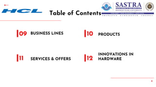 4
Table of Contents
BUSINESS LINES
09
SERVICES & OFFERS
11
PRODUCTS
10
INNOVATIONS IN
HARDWARE
12
 