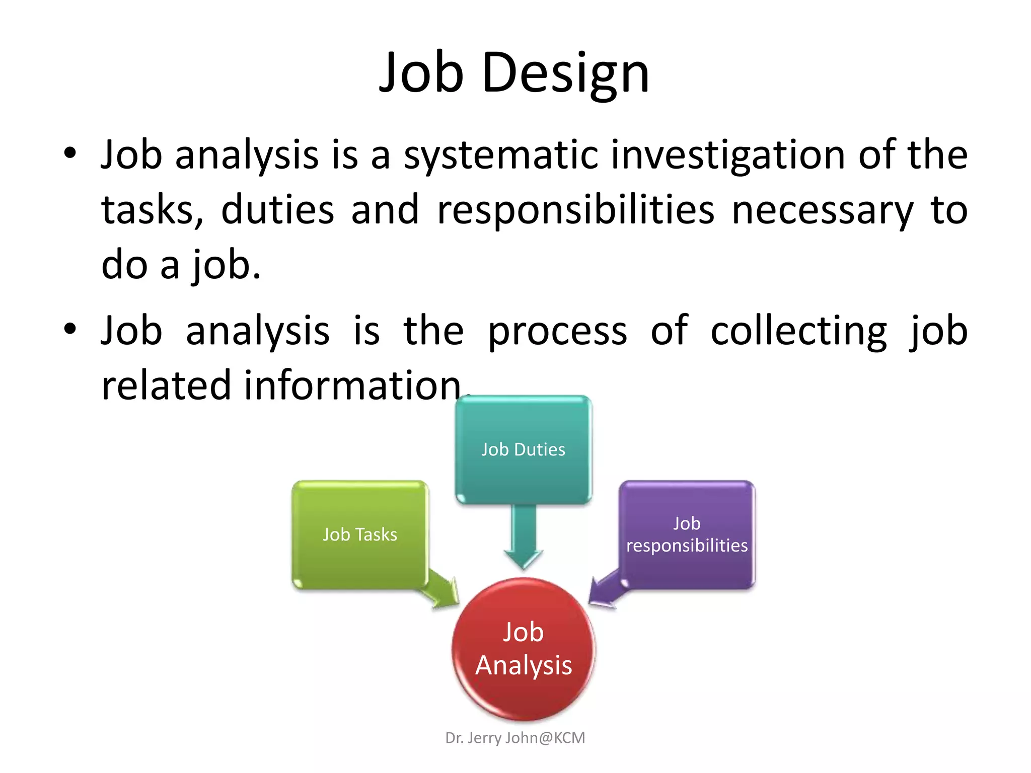 Job Design
• Job analysis is a systematic investigation of the
tasks, duties and responsibilities necessary to
do a job.
• Job analysis is the process of collecting job
related information.
Job
Analysis
Job Tasks
Job Duties
Job
responsibilities
Dr. Jerry John@KCM
 