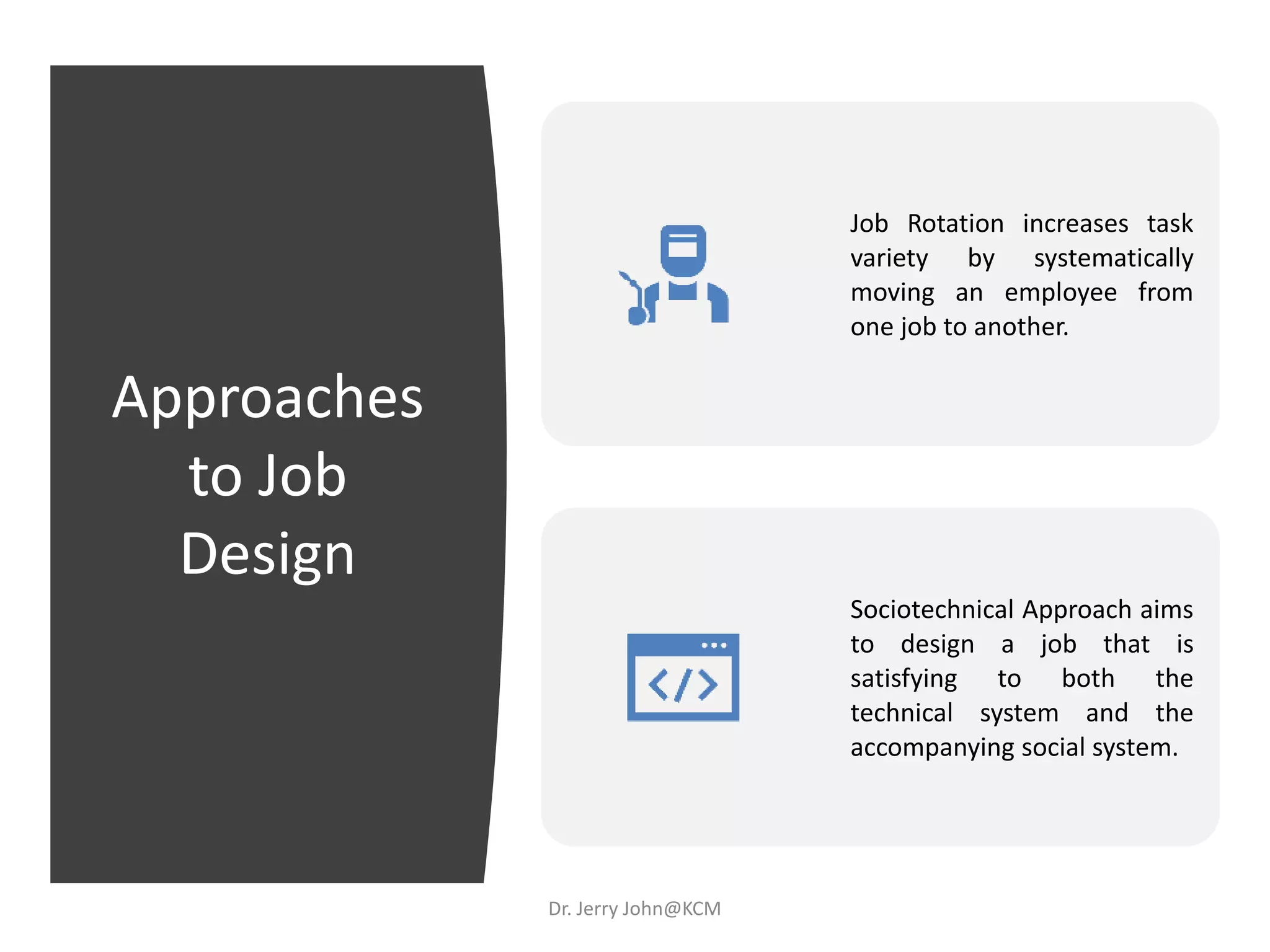 Approaches
to Job
Design
Job Rotation increases task
variety by systematically
moving an employee from
one job to another.
Sociotechnical Approach aims
to design a job that is
satisfying to both the
technical system and the
accompanying social system.
Dr. Jerry John@KCM
 