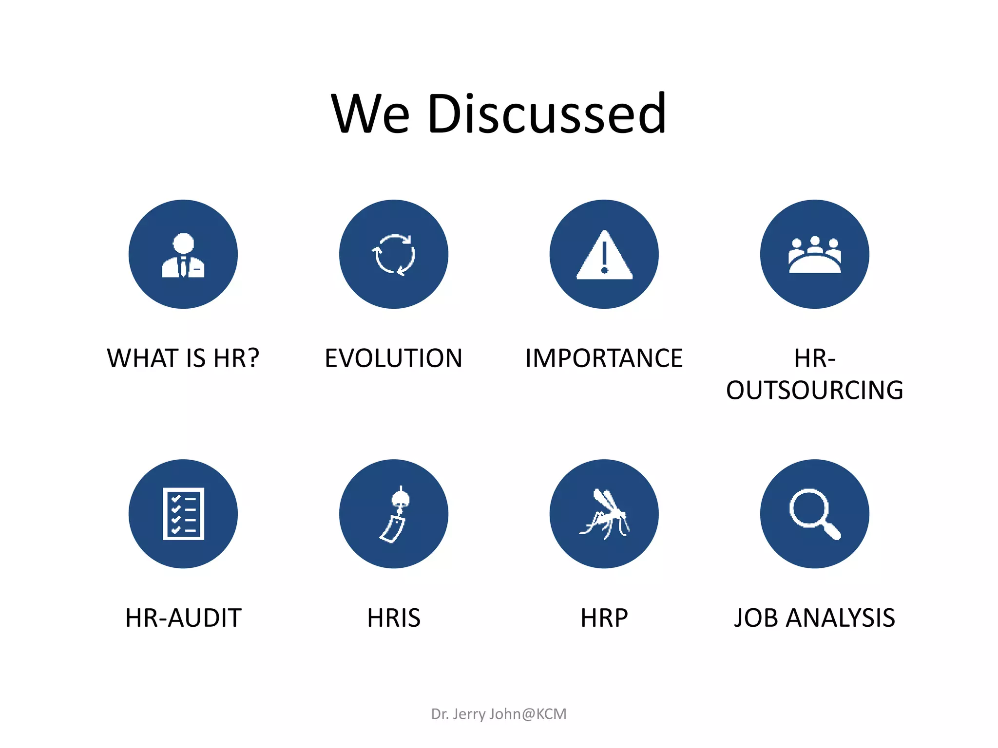 We Discussed
Dr. Jerry John@KCM
WHAT IS HR? EVOLUTION IMPORTANCE HR-
OUTSOURCING
HR-AUDIT HRIS HRP JOB ANALYSIS
 