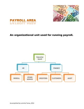 An organizational unit used for running payroll.

Executive
board

HR

PAYROLL

FINANCE

OTHER
SERVICE

CREDITORS

CUSTOMERS

AUDIT

Accomplished by Luminita Tamas, 2014 I have no copyright on any text or picture from this
document. This document was made for learn easier information about HCM, HR, SAP. At the end of
the document is information about bibliography.

 