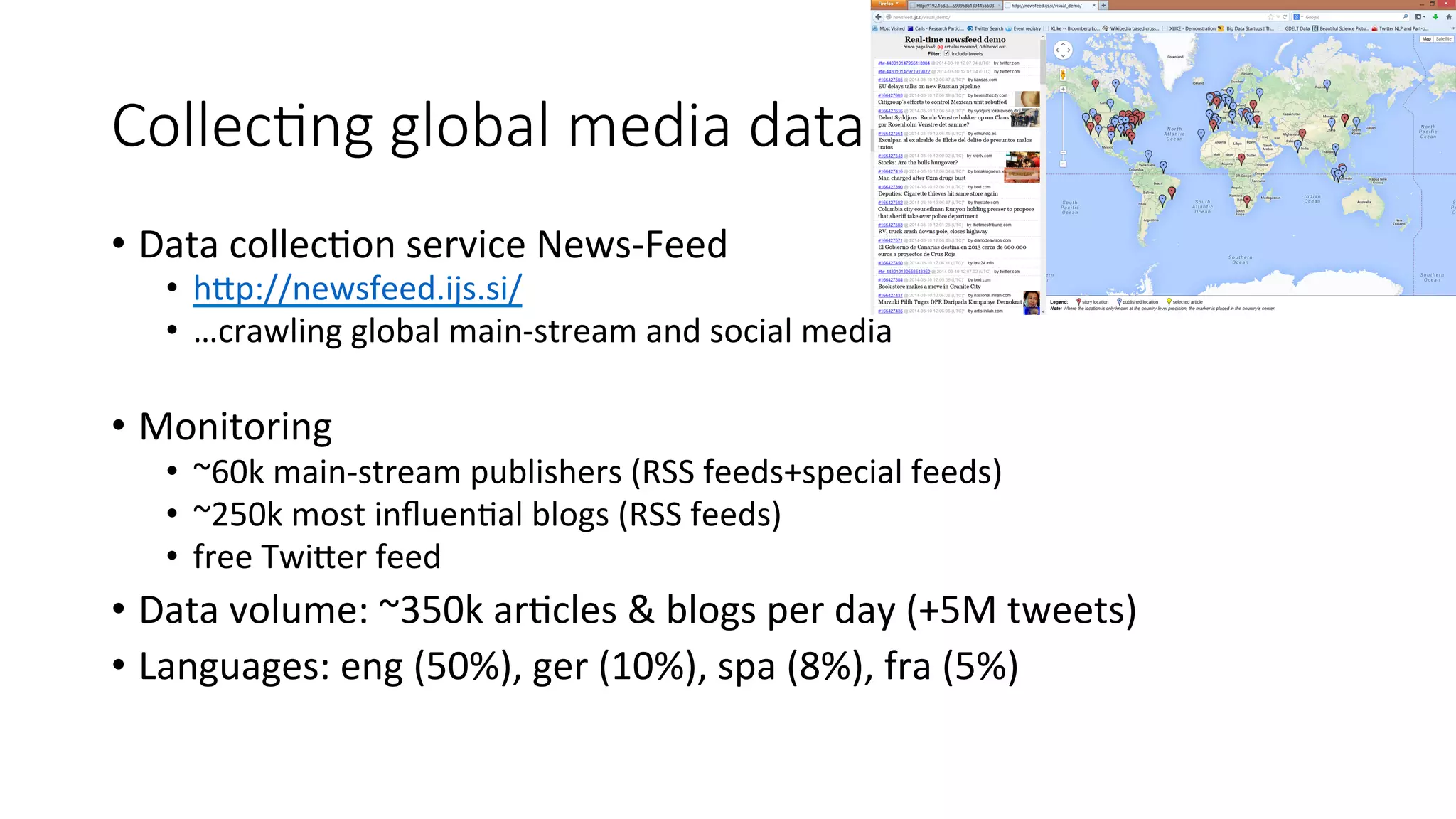 Collec=ng global media data 
• Data 
collec4on 
service 
News-­‐Feed 
• hWp://newsfeed.ijs.si/ 
• …crawling 
global 
main-­‐stream 
and 
social 
media 
• Monitoring 
• ~60k 
main-­‐stream 
publishers 
(RSS 
feeds+special 
feeds) 
• ~250k 
most 
influen4al 
blogs 
(RSS 
feeds) 
• free 
TwiWer 
feed 
• Data 
volume: 
~350k 
ar4cles 
& 
blogs 
per 
day 
(+5M 
tweets) 
• Languages: 
eng 
(50%), 
ger 
(10%), 
spa 
(8%), 
fra 
(5%) 
 