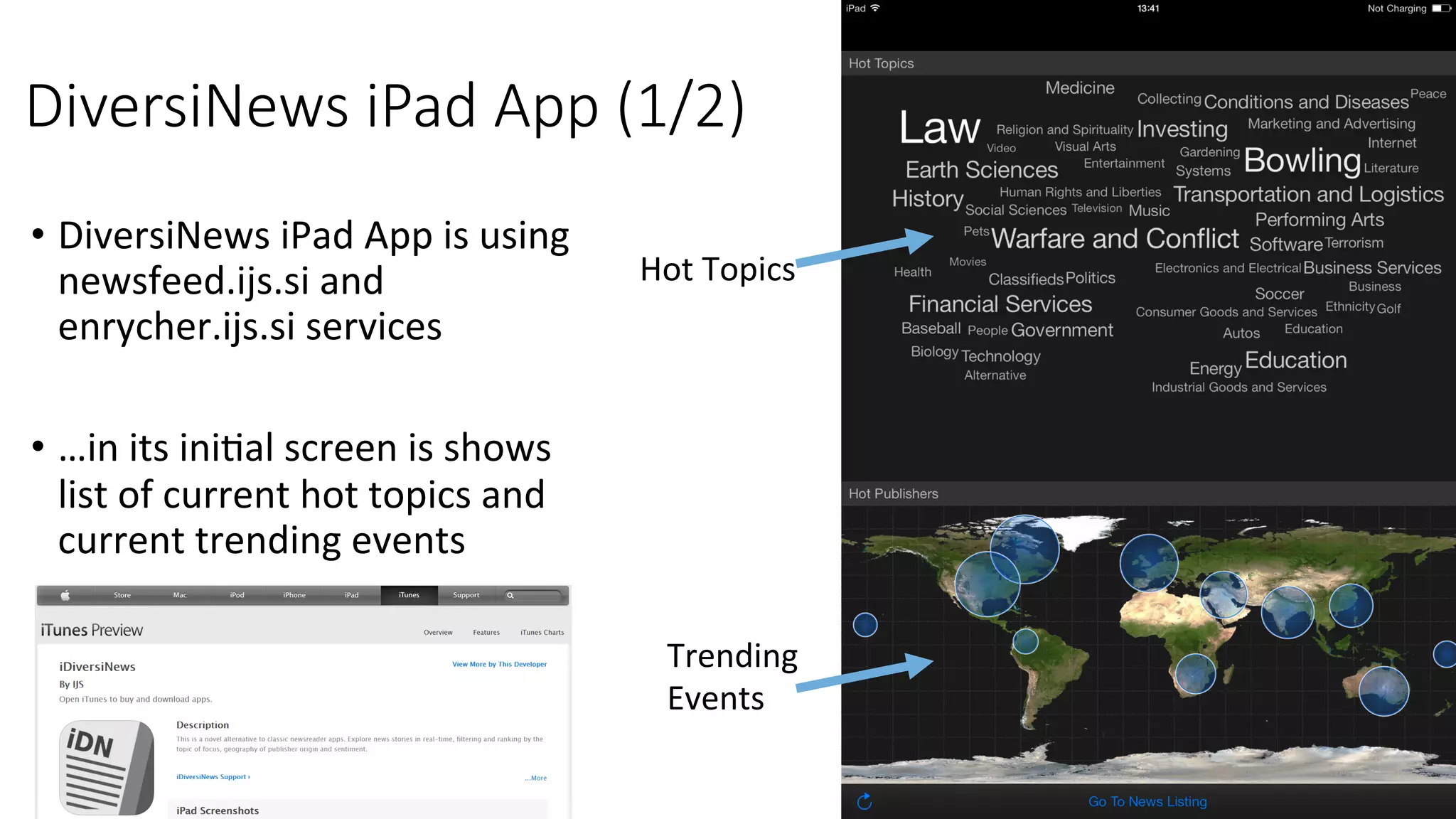 DiversiNews iPad App (1/2) 
• DiversiNews 
iPad 
App 
is 
using 
newsfeed.ijs.si 
and 
enrycher.ijs.si 
services 
• …in 
its 
ini4al 
screen 
is 
shows 
list 
of 
current 
hot 
topics 
and 
current 
trending 
events 
Hot 
Topics 
Trending 
Events 
 