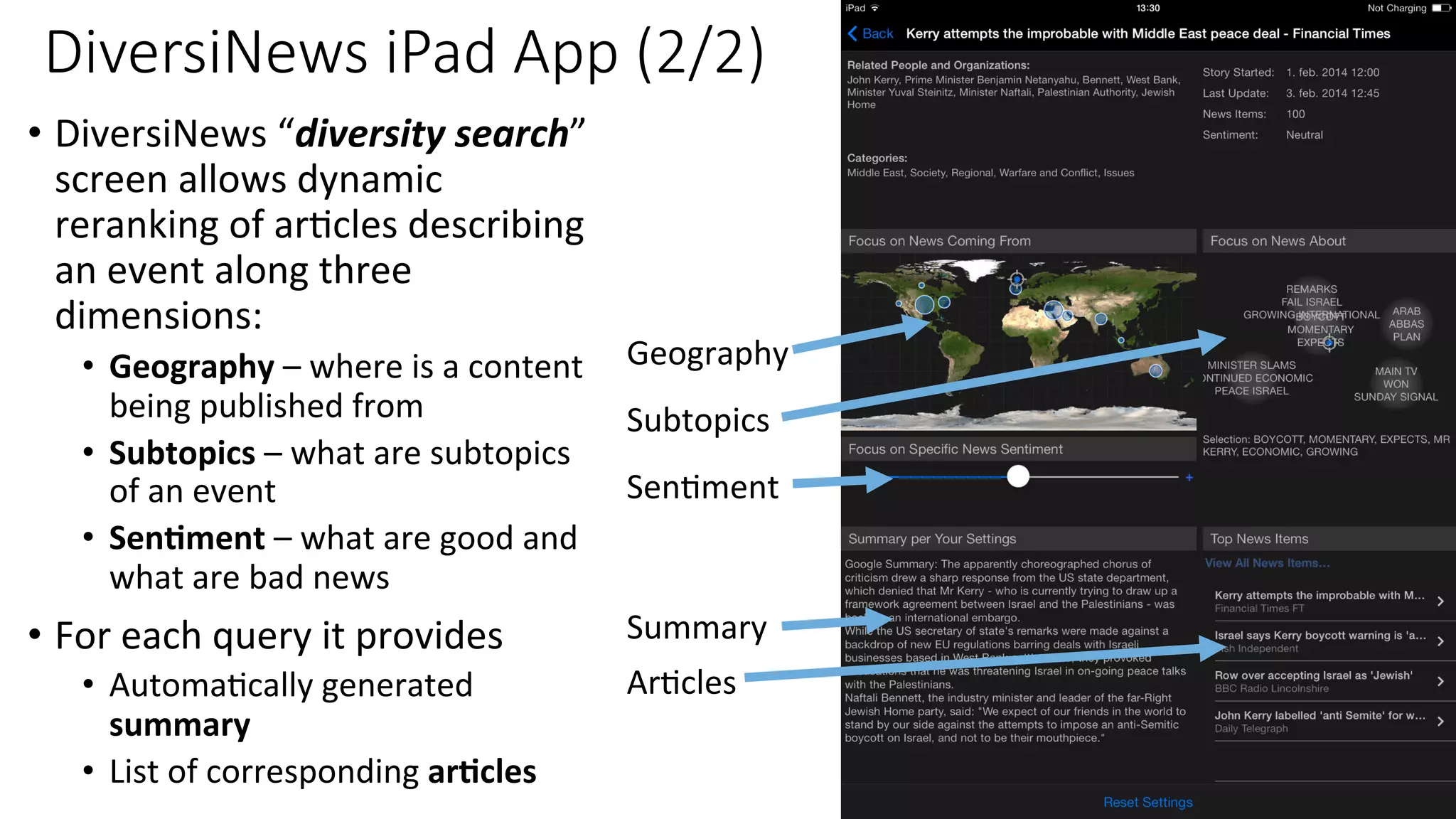 DiversiNews iPad App (2/2) 
• DiversiNews 
“diversity 
search” 
screen 
allows 
dynamic 
reranking 
of 
ar4cles 
describing 
an 
event 
along 
three 
dimensions: 
• Geography 
– 
where 
is 
a 
content 
being 
published 
from 
• Subtopics 
– 
what 
are 
subtopics 
of 
an 
event 
• Sen4ment 
– 
what 
are 
good 
and 
what 
are 
bad 
news 
• For 
each 
query 
it 
provides 
• Automa4cally 
generated 
summary 
• List 
of 
corresponding 
ar4cles 
Geography 
Subtopics 
Sen4ment 
Summary 
Ar4cles 
 