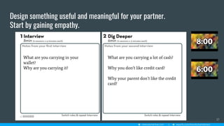 Design something useful and meaningful for your partner.
Start by gaining empathy.
17
What are you carrying in your
wallet?
Why are you carrying it?
What are you carrying a lot of cash?
Why you don’t like credit card?
Why your parent don’t like the credit
card?
 