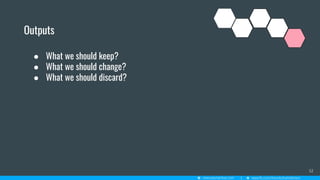 32
Outputs
● What we should keep?
● What we should change?
● What we should discard?
 