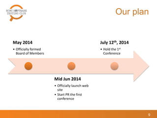 Our plan
May 2014
• Officially formed
Board of Members
Mid Jun 2014
• Officially launch web
site
• Start PR the first
conference
July 12th, 2014
• Hold the 1st
Conference
9
 