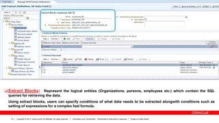 Copyright © 2013, Oracle and/or its affiliates. All rights reserved. Proprietary and Confidential – Distributed to Authorized Customers Subject to Safe Harbor12
 Extract Blocks: Represent the logical entities (Organizations, persons, employees etc.) which contain the SQL
queries for retrieving the data.
Using extract blocks, users can specify conditions of what data needs to be extracted alongwith conditions such as
setting of expressions for a complex fast formula.
 